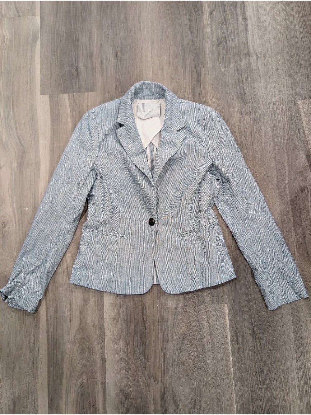 A.L.C. | Striped Cotton Linen Single Button Blazer in Blue and White